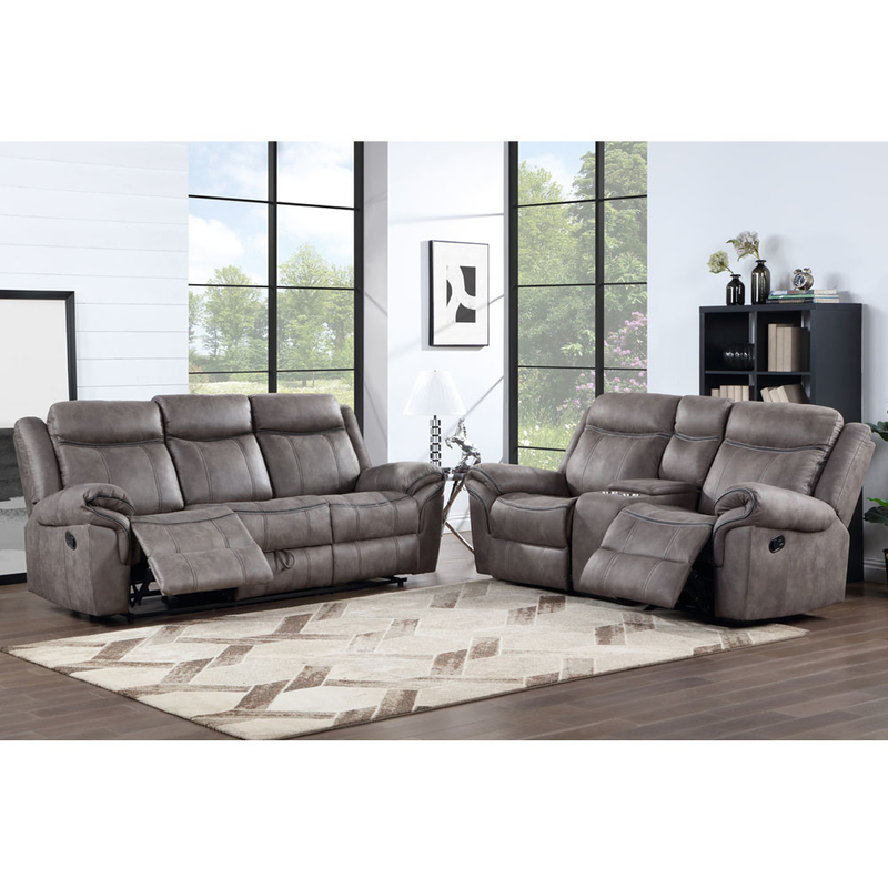 Canapé reclinable avec table déroulante et tiroir et boîte de rangement, en vinyle gris clair