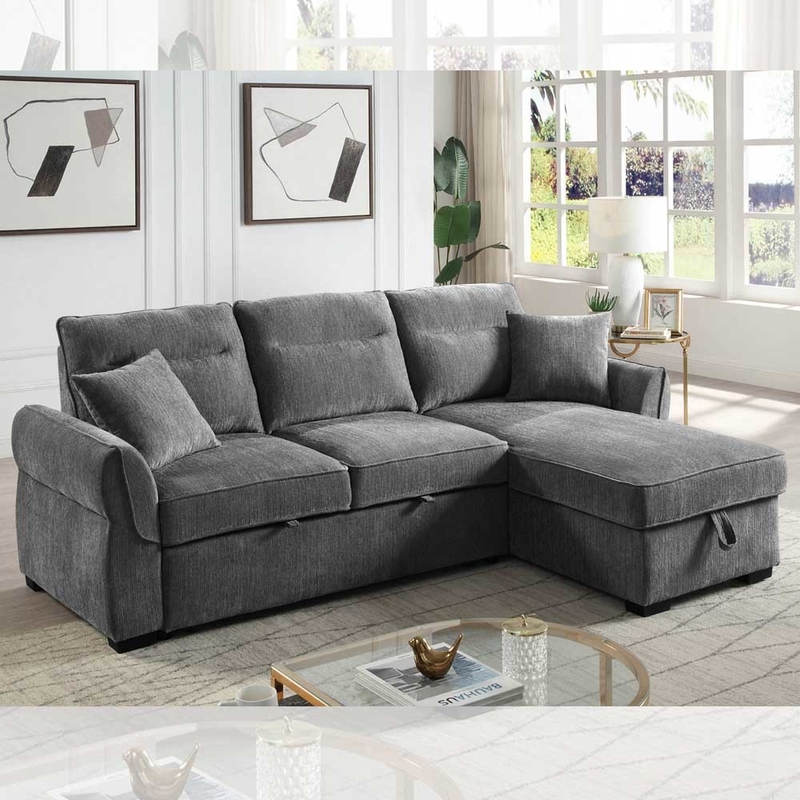 Canapé couchage réversible en forme de L avec lit retractable et rangement, chenille gris foncé