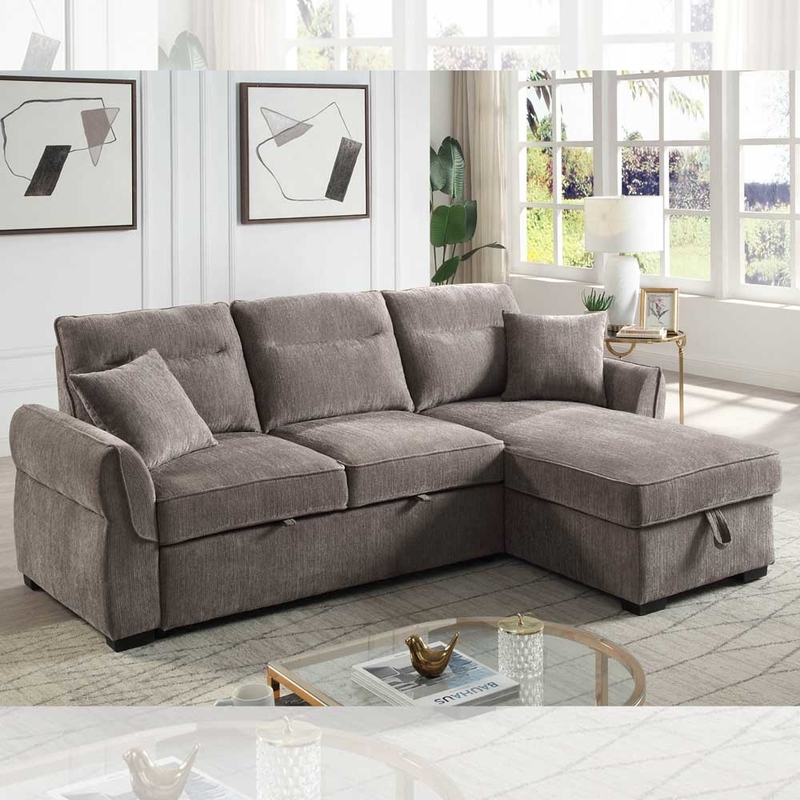 Canapé couchage réversible en forme de L avec lit et rangement, chenille brune