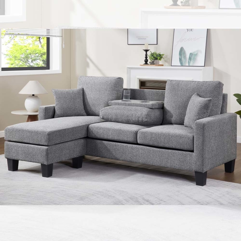 Canapé sectionnel en forme de L avec table déroulante et chaise réversible et 2 oreillers, chenille grise
