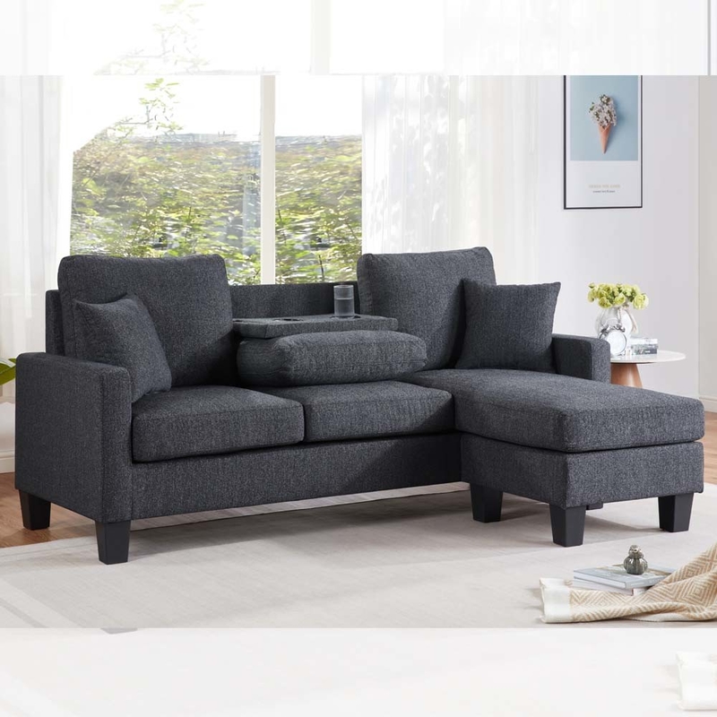 Canapé sectionnel en forme de L avec table déroulante et chaise réversible et 2 oreillers, chenille gris foncé