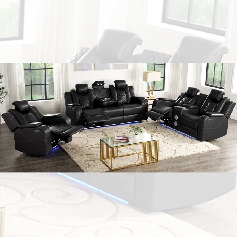 Canapé Power Recliner avec sièges Power Recliner et appuie-tête Power et table déroulante et haut-parleur audio Bluetooth et boîte de rangement et bras de rangement et lumière LED, cuir noir respirant
