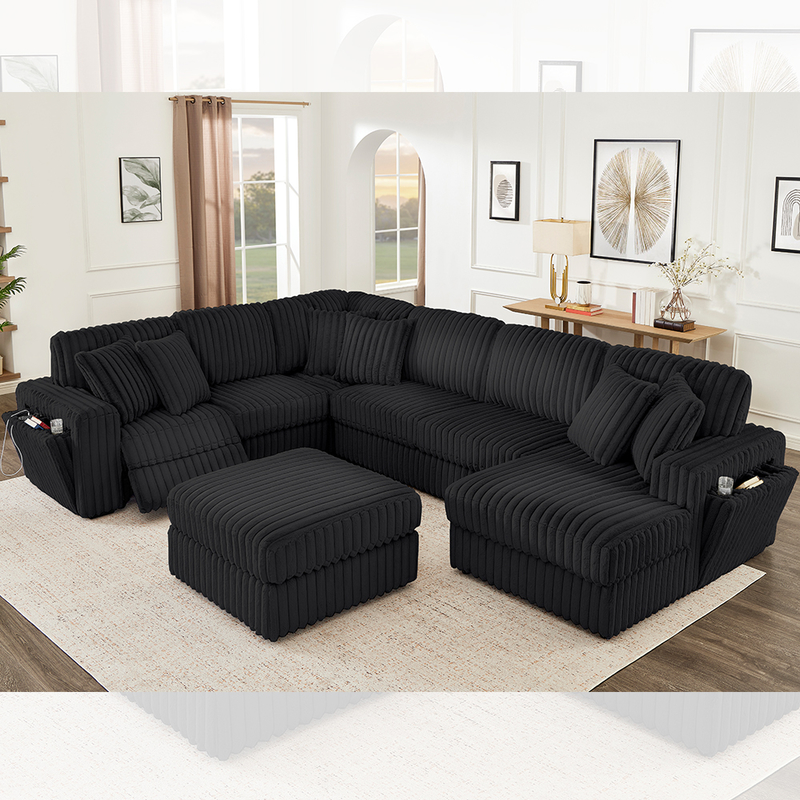 Ensemble canapé inclinable avec porte-gobelets cachés et chargeur sans fil, tissu en velours côtelé noir