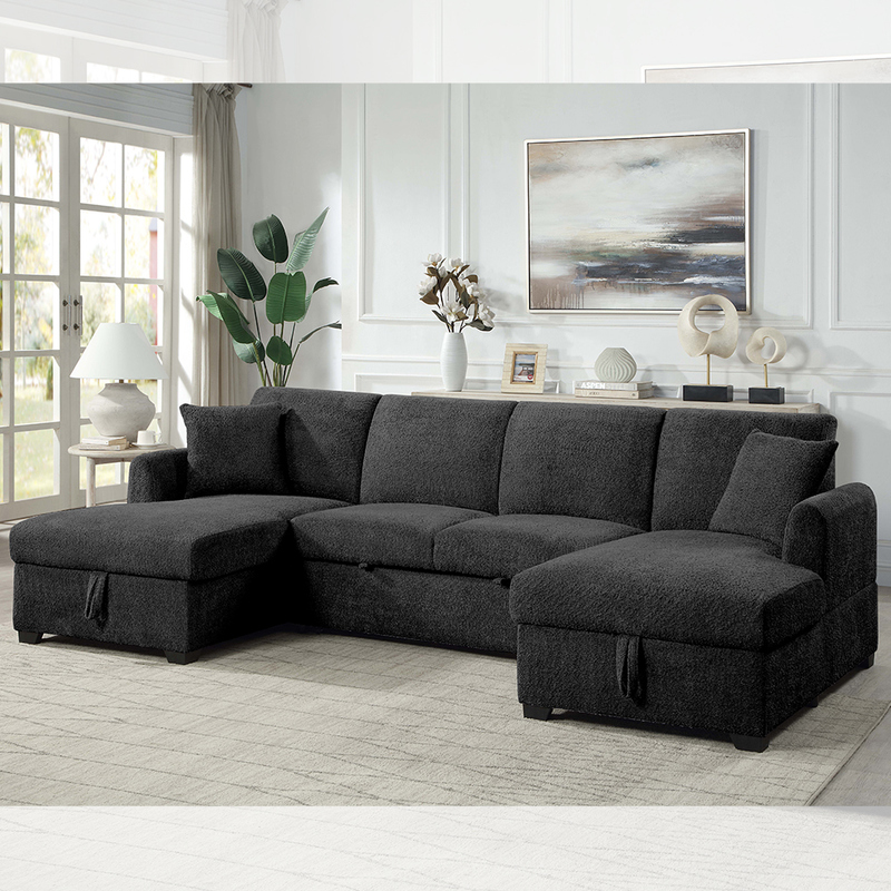 Canapé couchage en forme de U avec lit et chaise de rangement, en tissu Sherpa noir