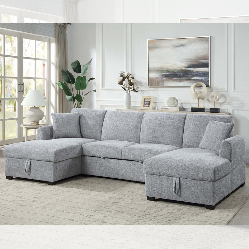 Canapé couchette en forme de U avec lit et chaise de rangement, en tissu Sherpa gris