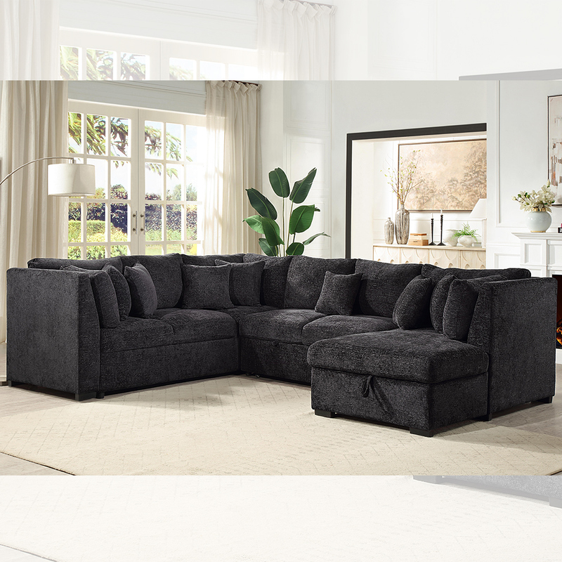 Canapé couchette en forme de U avec lit et rangement à étirer Chaise de salon, tissu noir