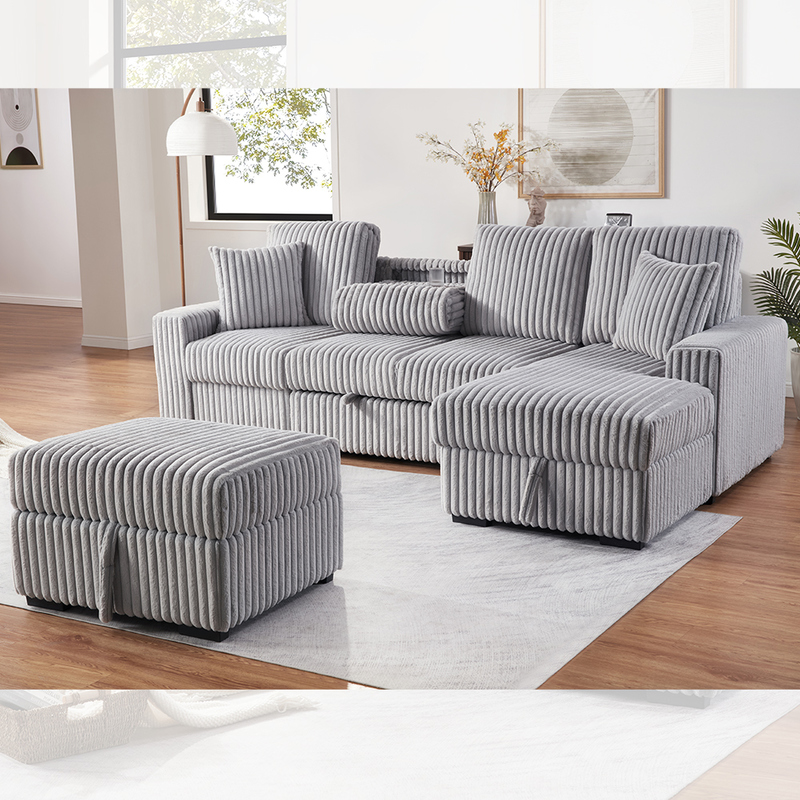 Canapé couchage sectionnel avec lit et table déroulante et chaise de rangement et stockage Ottoman, tissu gris en velours