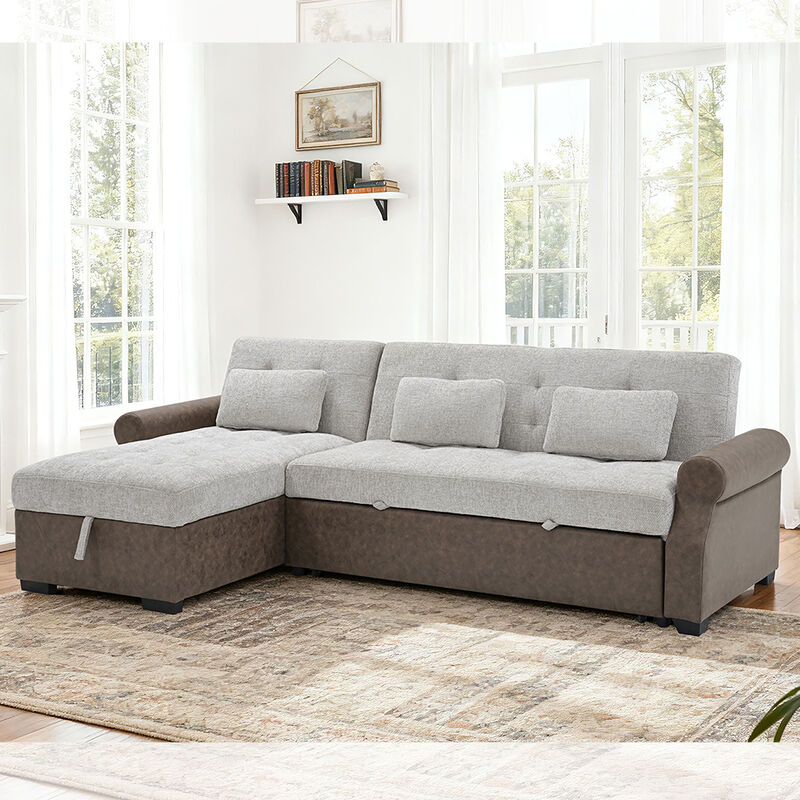 L-Shaped Sectional Sleeper Sofa with Pull-Out Bed and Adjustable Backrest and Storage Chaise, Gray & Dark Brown