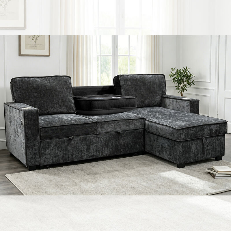 Canapé couchage en forme de L avec lit et table de rangement, chenille noir de charbon