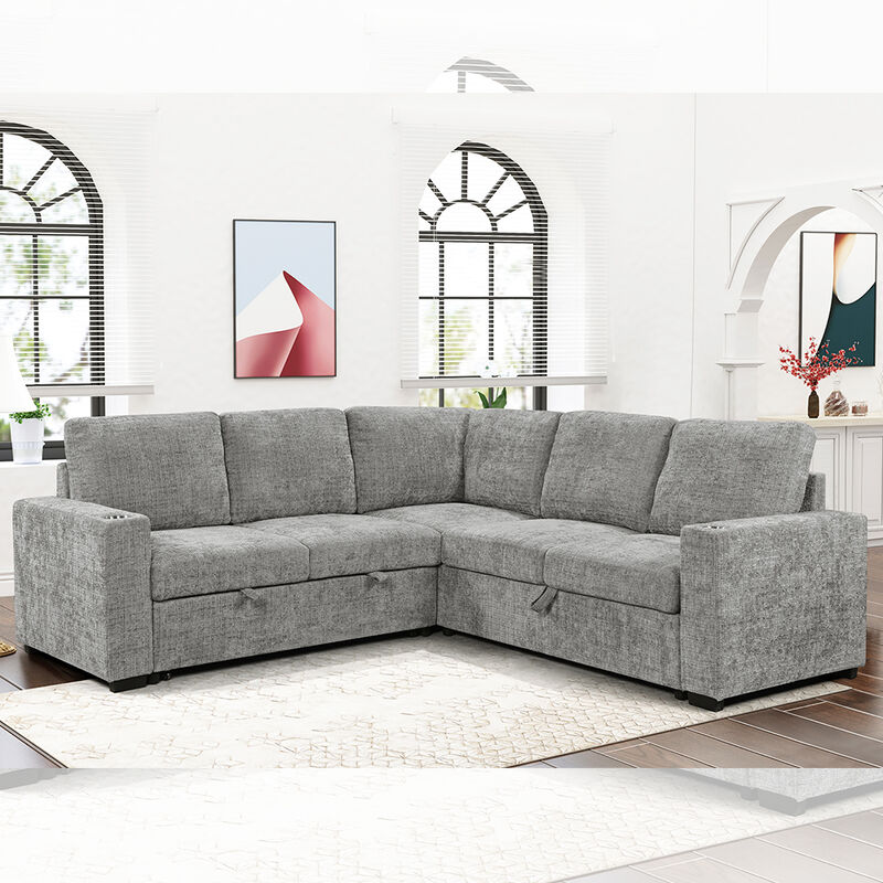Canapé couchette en forme de L avec lit et porte-gobelets, en tissu gris
