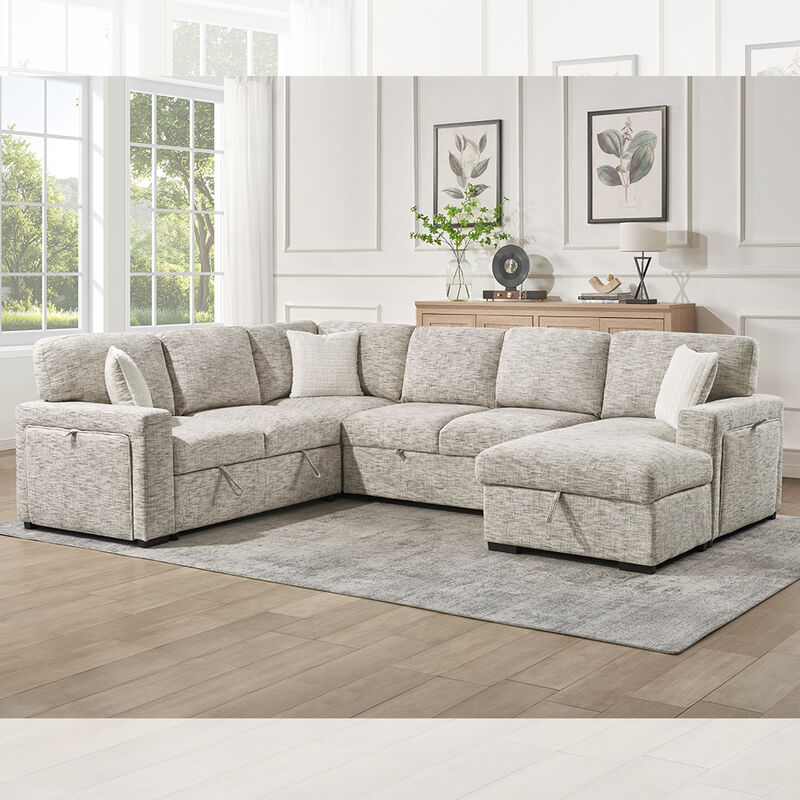 Canapé couchette en forme de U avec lit détachable et table déroulante et rangement Chaise de salon et rangement Siège d'amour et porte-gobelets, tissu beige