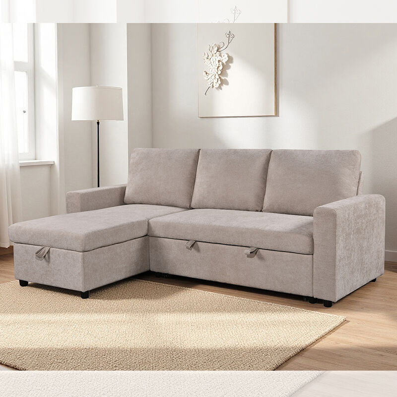 Canapé-lit sectionnel réversible en forme de L avec lit gigogne et rangement, tissu beige