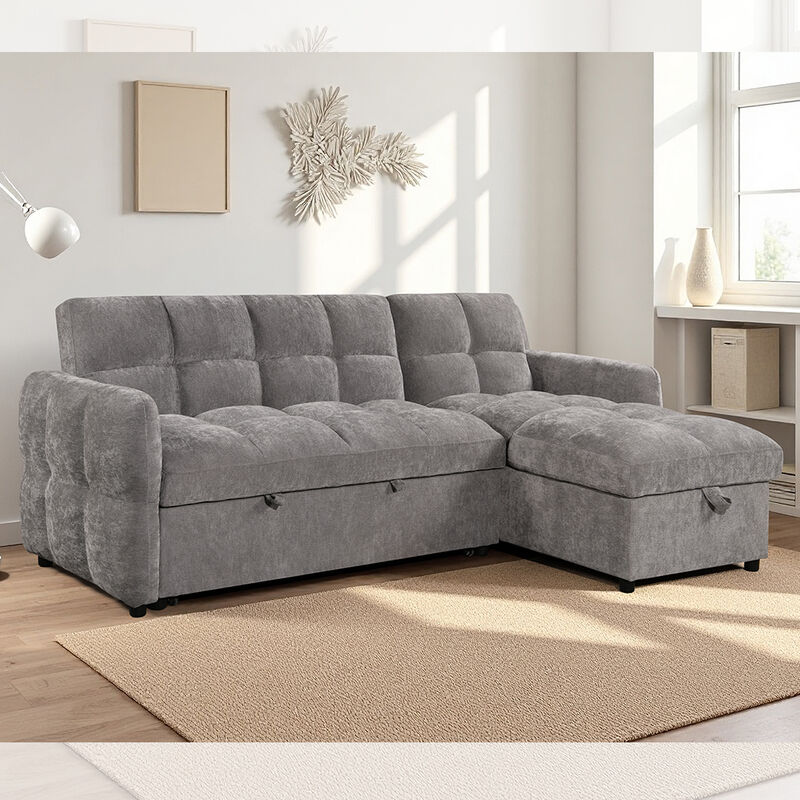 Canapé-lit sectionnel en forme de L avec lit gigogne, dossier réglable et méridienne de rangement, tissu gris