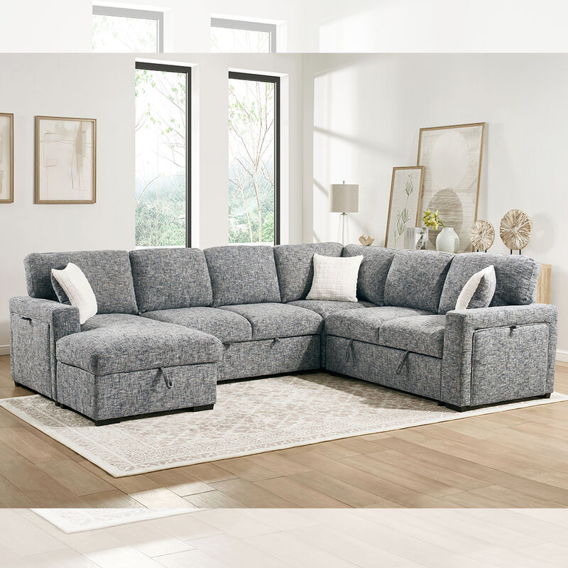 Canapé couchage en forme de U avec lit et table déroulante et rangement fauteuil salon et rangement fauteuil d'amour et porte-gobelets, tissu Navy