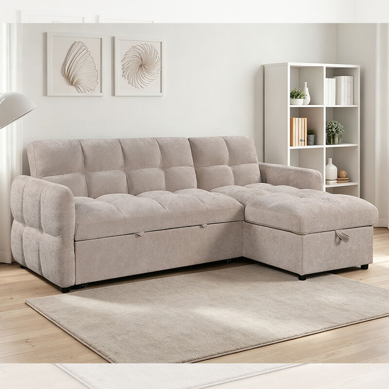 Canapé-lit sectionnel en forme de L avec lit gigogne, dossier réglable et méridienne de rangement, tissu beige