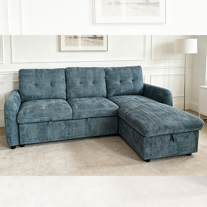Canapé couchage réversible en forme de L avec lit retraçable et table déroulante et rangement, tissu bleu brumeux