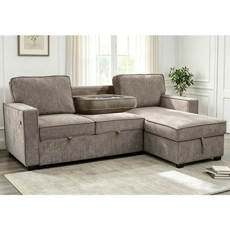 Canapé couchage réversible en forme de L avec lit retractable et table déroulante et rangement, chenille gris brun clair