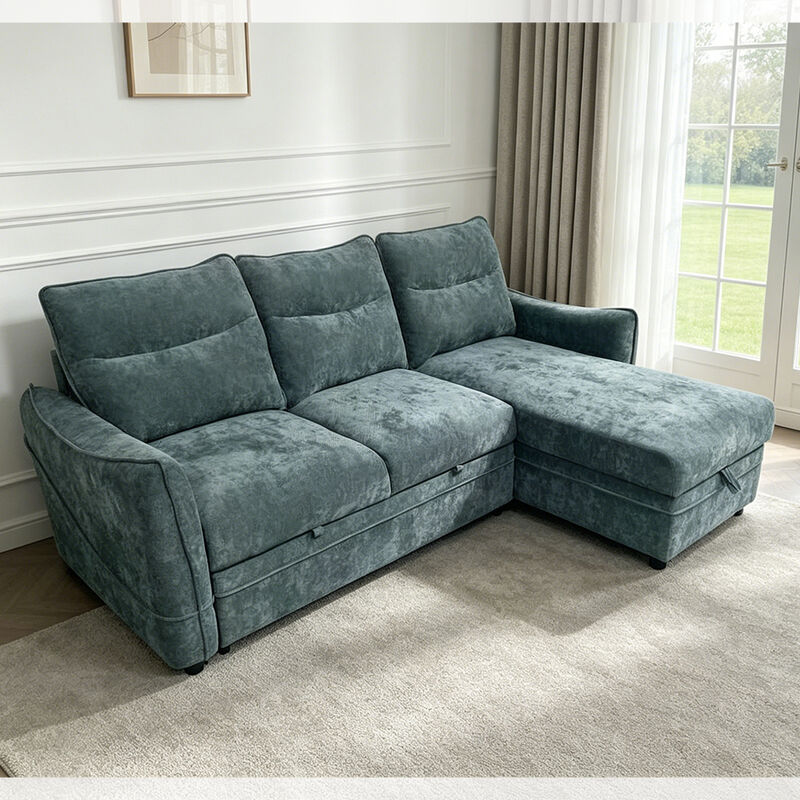 Canapé-lit sectionnel réversible en forme de L avec lit gigogne et rangement, tissu bleu sarcelle