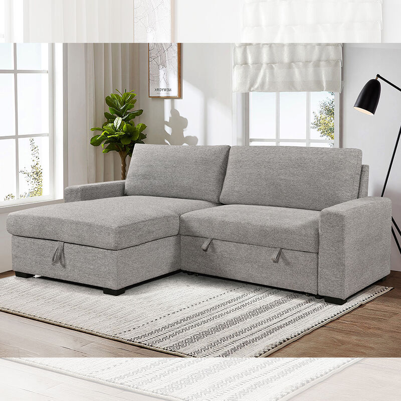 Canapé couchage en forme de L avec lit et rangement, en tissu gris