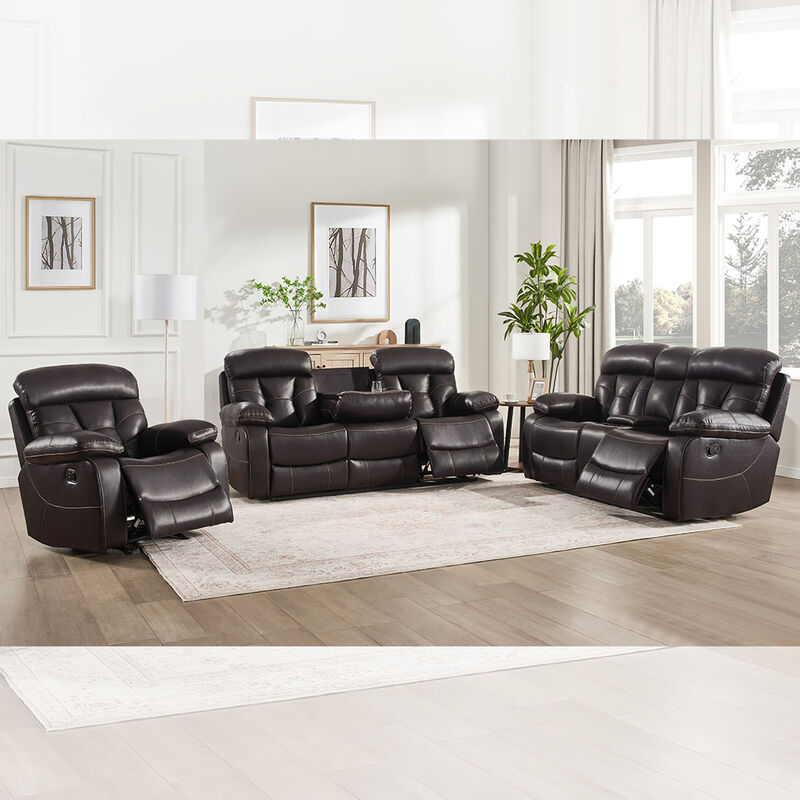 Recliner Sofa set with Dropdown Table and Storage Box, Dark Brown Faux Leatherette