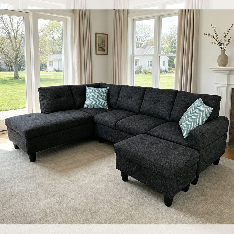Canapé sectionnel en forme de L avec table déroulante et 2 oreillers, pouf avec rangement, tissu noir