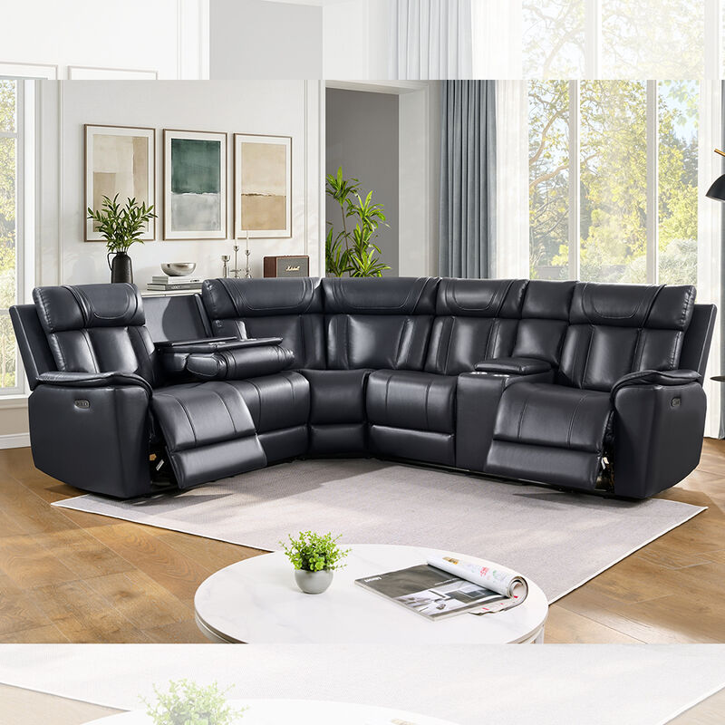 Canapé d'angle avec 2 sièges et boîte de rangement et table déroulante, cuir noir
