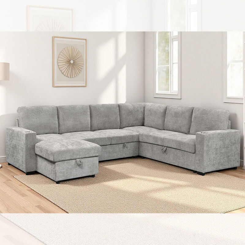 Canapé couchette en forme de U avec lit et rangement à étirer Chaise salon et rangement Canapé et porte-gobelets, en tissu gris