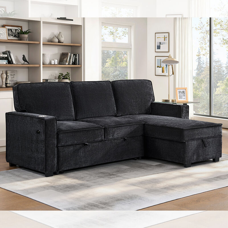 Canapé couchage en forme de L avec lit et table de rangement, chenille noir de charbon