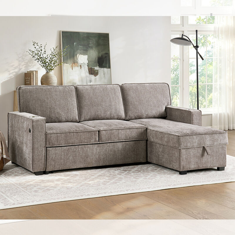 Canapé couchage réversible en forme de L avec lit retractable et table déroulante et rangement, chenille gris brun clair